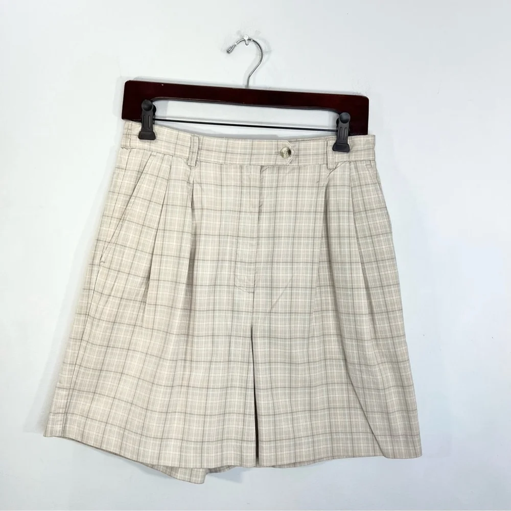 Vintage 80s 90s IZOD 100% cotton beige tan plaid pleated long Bermuda shorts 10